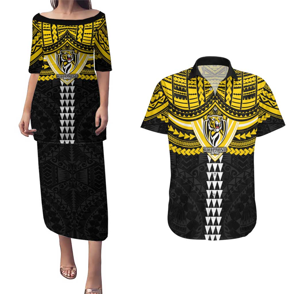 Personalized Richmond Tigers Couples Matching Puletasi and Hawaiian Shirt Polynesian Tribal Pattern Heritage Football