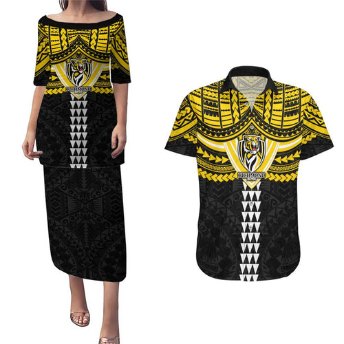 Personalized Richmond Tigers Couples Matching Puletasi and Hawaiian Shirt Polynesian Tribal Pattern Heritage Football