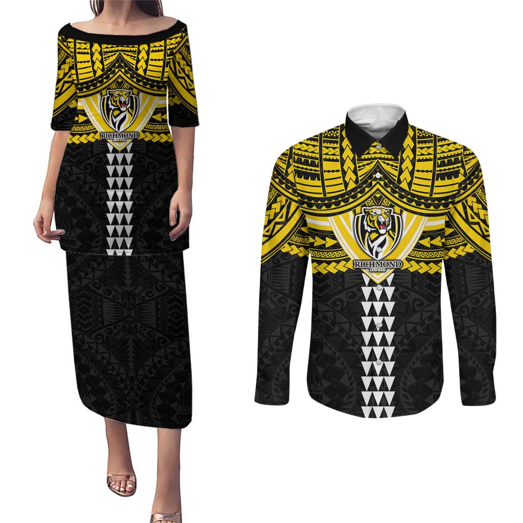 Personalized Richmond Tigers Couples Matching Puletasi and Long Sleeve Button Shirt Polynesian Tribal Pattern Heritage Football