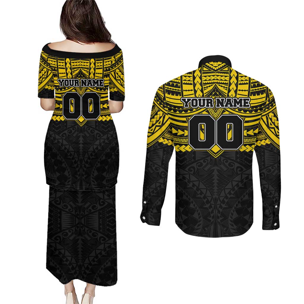 Personalized Richmond Tigers Couples Matching Puletasi and Long Sleeve Button Shirt Polynesian Tribal Pattern Heritage Football