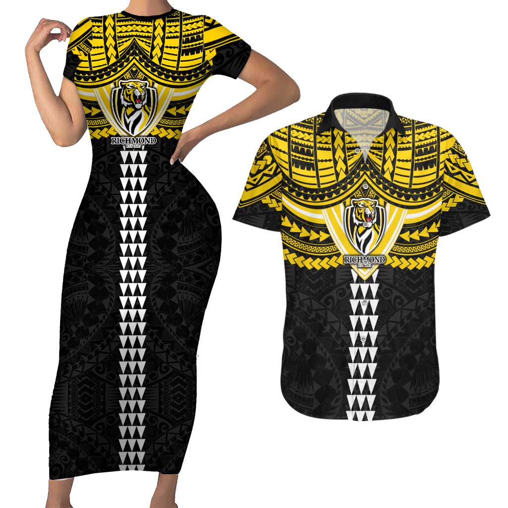 Personalized Richmond Tigers Couples Matching Short Sleeve Bodycon Dress and Hawaiian Shirt Polynesian Tribal Pattern Heritage Football