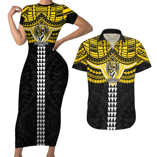 Personalized Richmond Tigers Couples Matching Short Sleeve Bodycon Dress and Hawaiian Shirt Polynesian Tribal Pattern Heritage Football