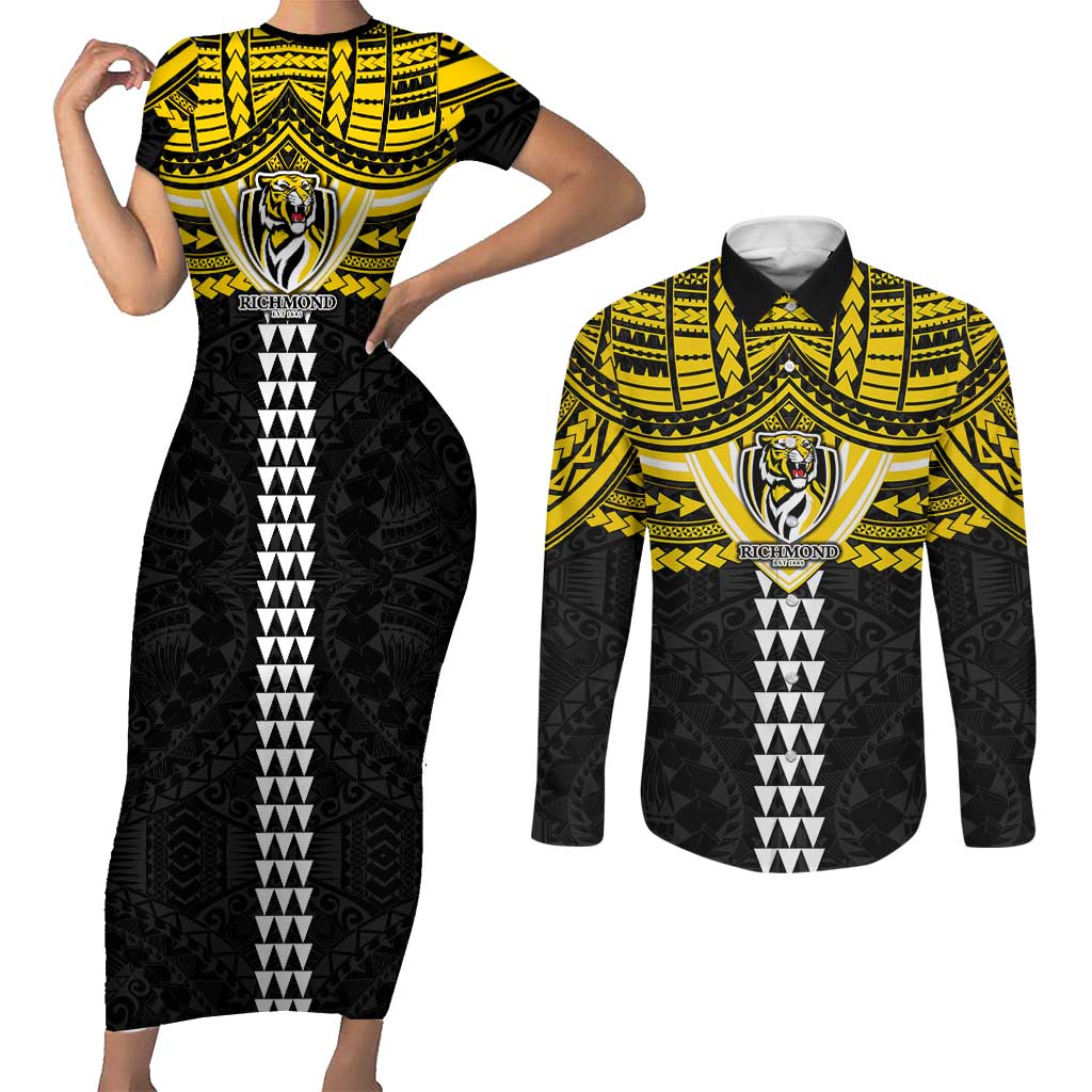 Personalized Richmond Tigers Couples Matching Short Sleeve Bodycon Dress and Long Sleeve Button Shirt Polynesian Tribal Pattern Heritage Football