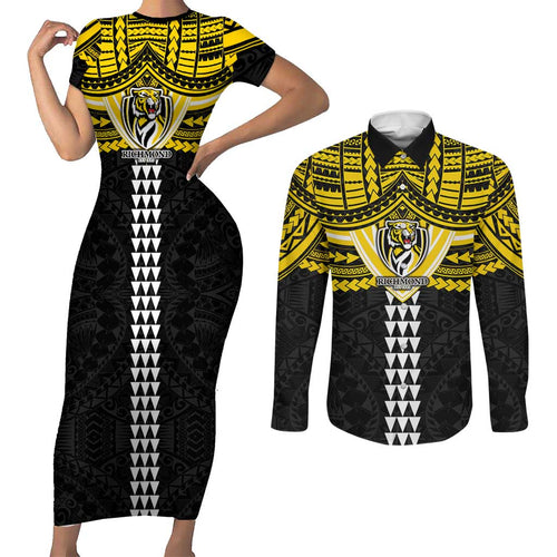 Personalized Richmond Tigers Couples Matching Short Sleeve Bodycon Dress and Long Sleeve Button Shirt Polynesian Tribal Pattern Heritage Football
