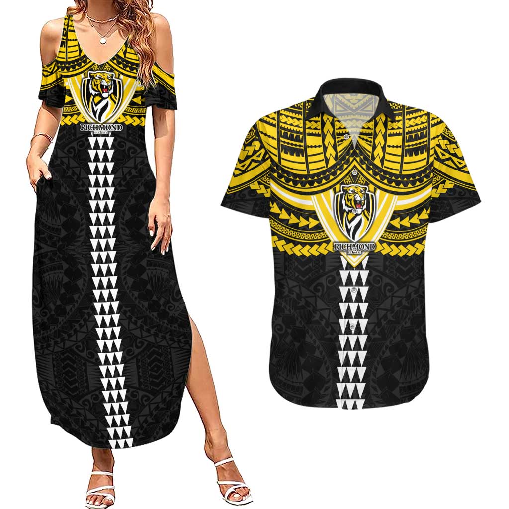 Personalized Richmond Tigers Couples Matching Summer Maxi Dress and Hawaiian Shirt Polynesian Tribal Pattern Heritage Football