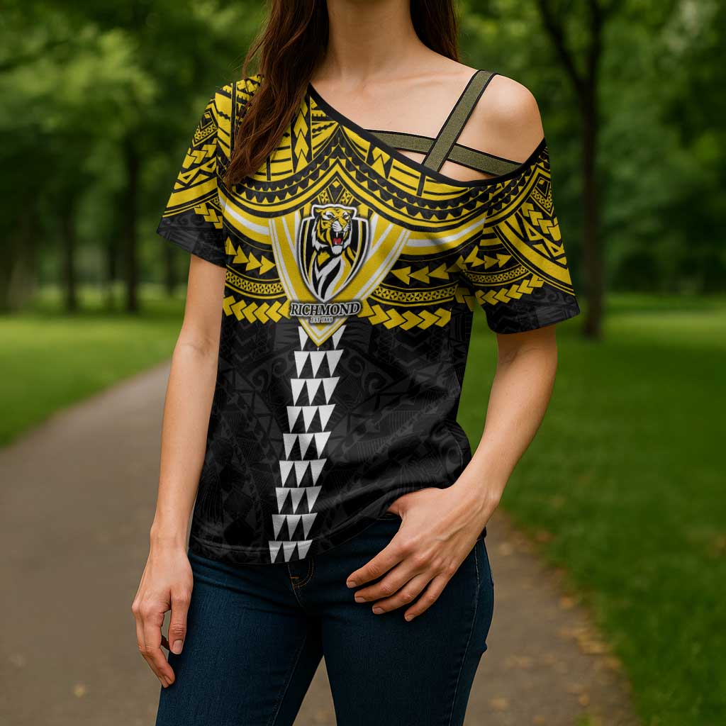 Personalized Richmond Tigers Cross Shoulder Shirt Polynesian Tribal Pattern Heritage Football