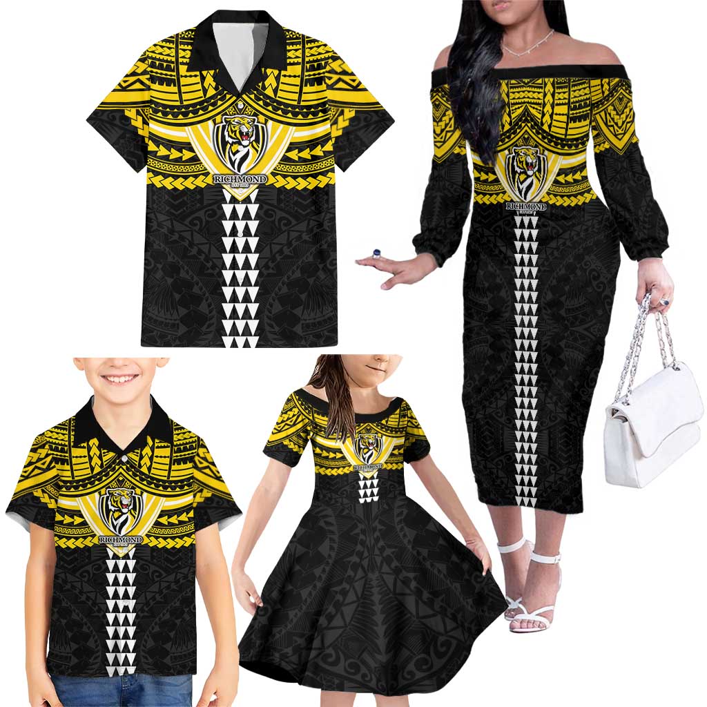 Personalized Richmond Tigers Family Matching Off The Shoulder Long Sleeve Dress and Hawaiian Shirt Polynesian Tribal Pattern Heritage Football