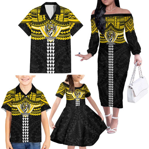 Personalized Richmond Tigers Family Matching Off The Shoulder Long Sleeve Dress and Hawaiian Shirt Polynesian Tribal Pattern Heritage Football
