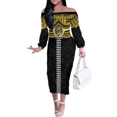 Personalized Richmond Tigers Family Matching Off The Shoulder Long Sleeve Dress and Hawaiian Shirt Polynesian Tribal Pattern Heritage Football
