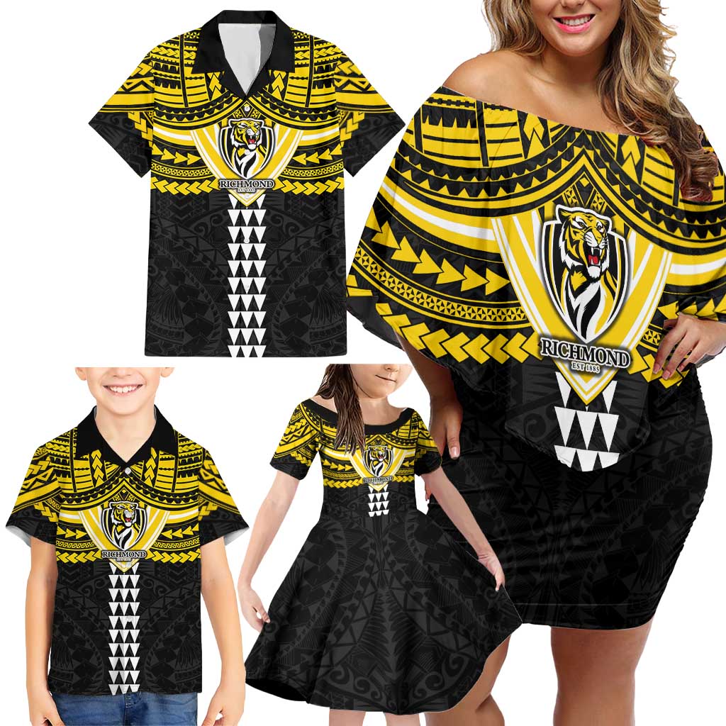 Personalized Richmond Tigers Family Matching Off Shoulder Short Dress and Hawaiian Shirt Polynesian Tribal Pattern Heritage Football