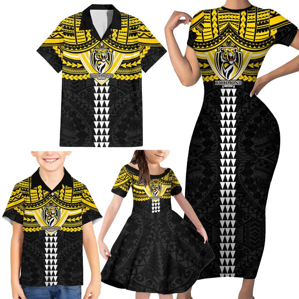 Personalized Richmond Tigers Family Matching Short Sleeve Bodycon Dress and Hawaiian Shirt Polynesian Tribal Pattern Heritage Football
