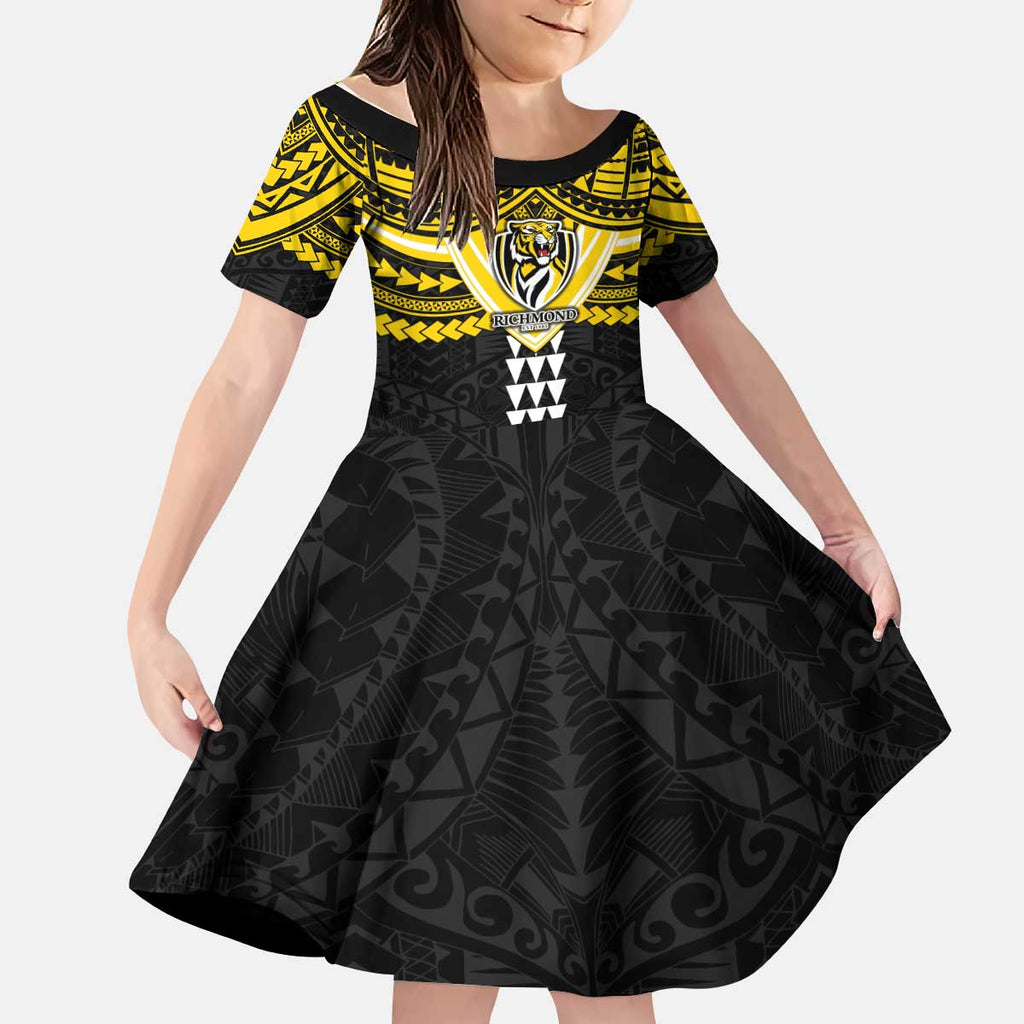 Personalized Richmond Tigers Kid Short Sleeve Dress Polynesian Tribal Pattern Heritage Football