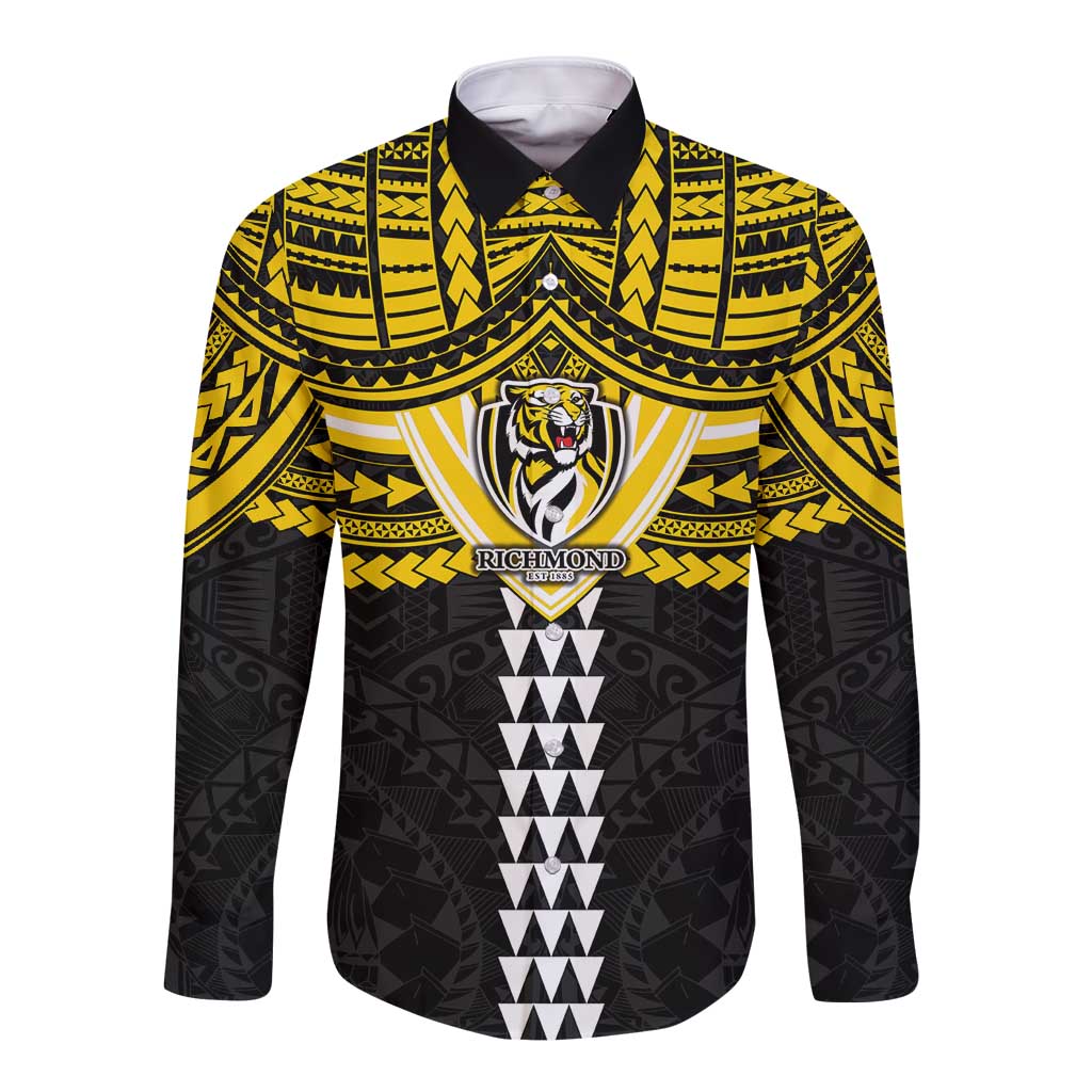 Personalized Richmond Tigers Long Sleeve Button Shirt Polynesian Tribal Pattern Heritage Football