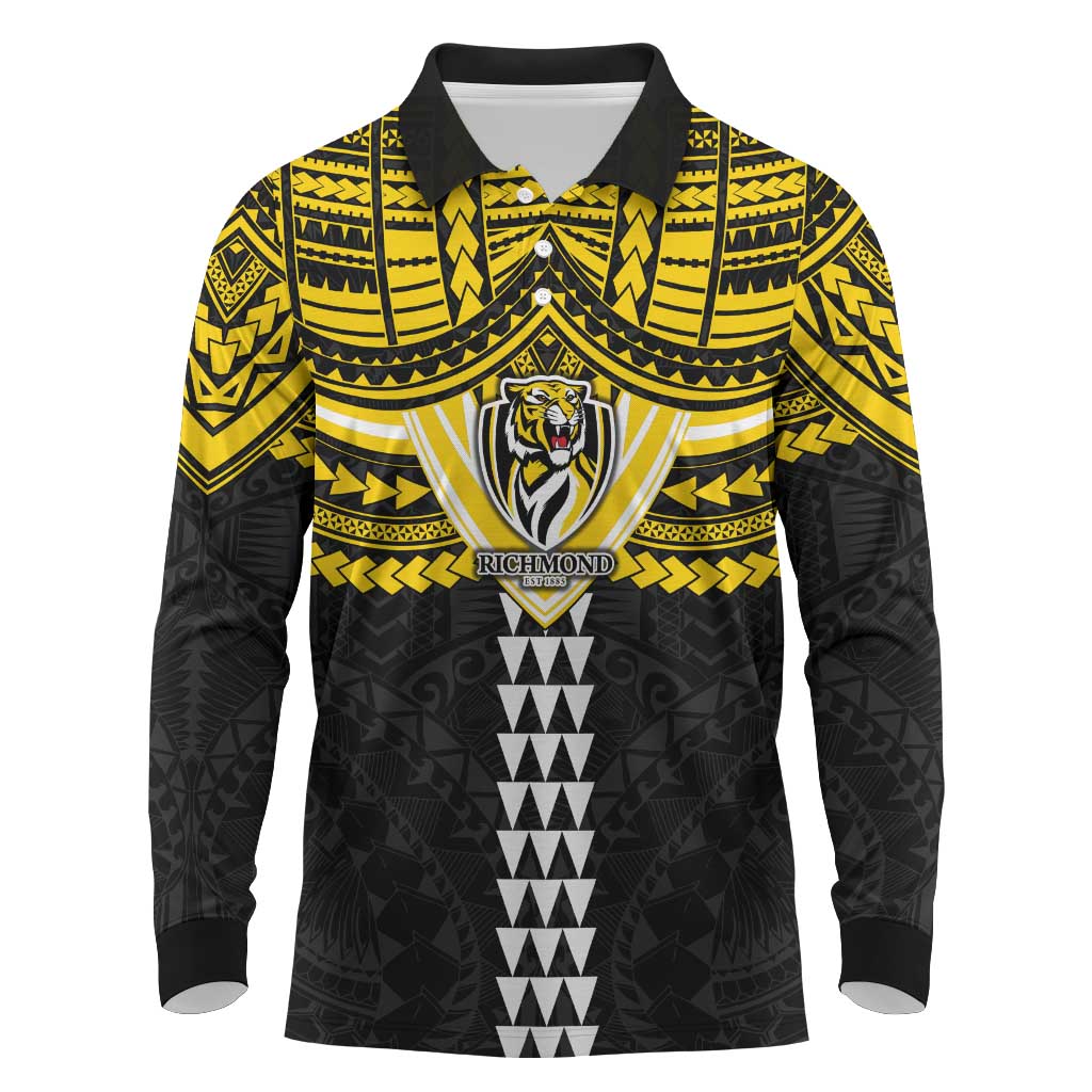 Personalized Richmond Tigers Long Sleeve Polo Shirt Polynesian Tribal Pattern Heritage Football