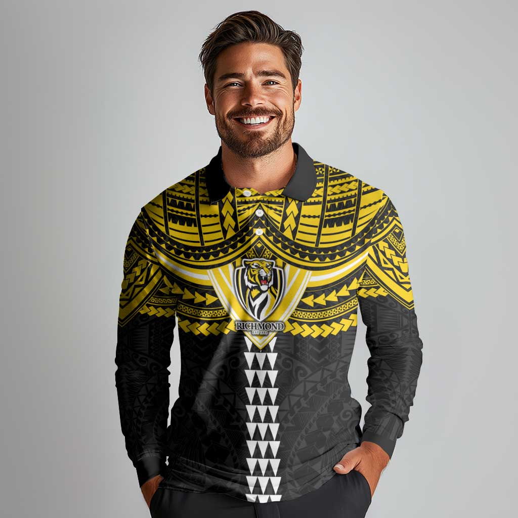 Personalized Richmond Tigers Long Sleeve Polo Shirt Polynesian Tribal Pattern Heritage Football