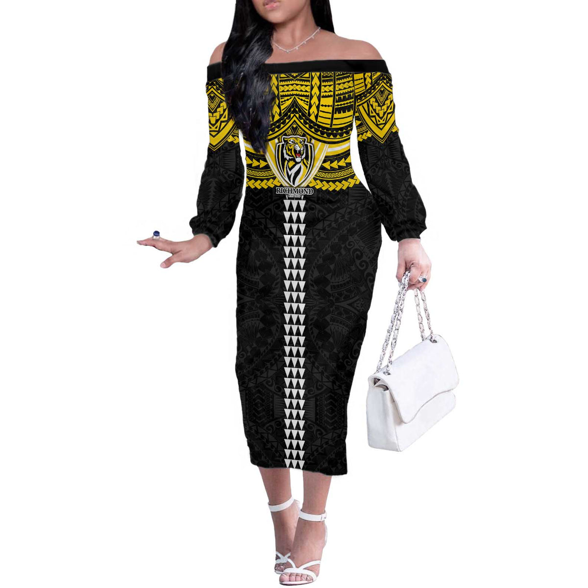 Personalized Richmond Tigers Off The Shoulder Long Sleeve Dress Polynesian Tribal Pattern Heritage Football