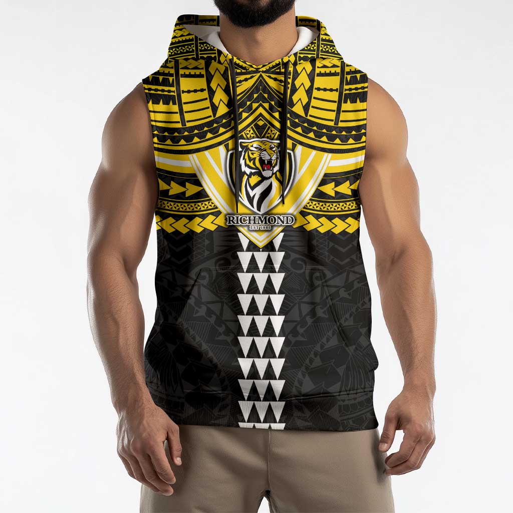 Personalized Richmond Tigers Sleeveless Hoodie Polynesian Tribal Pattern Heritage Football