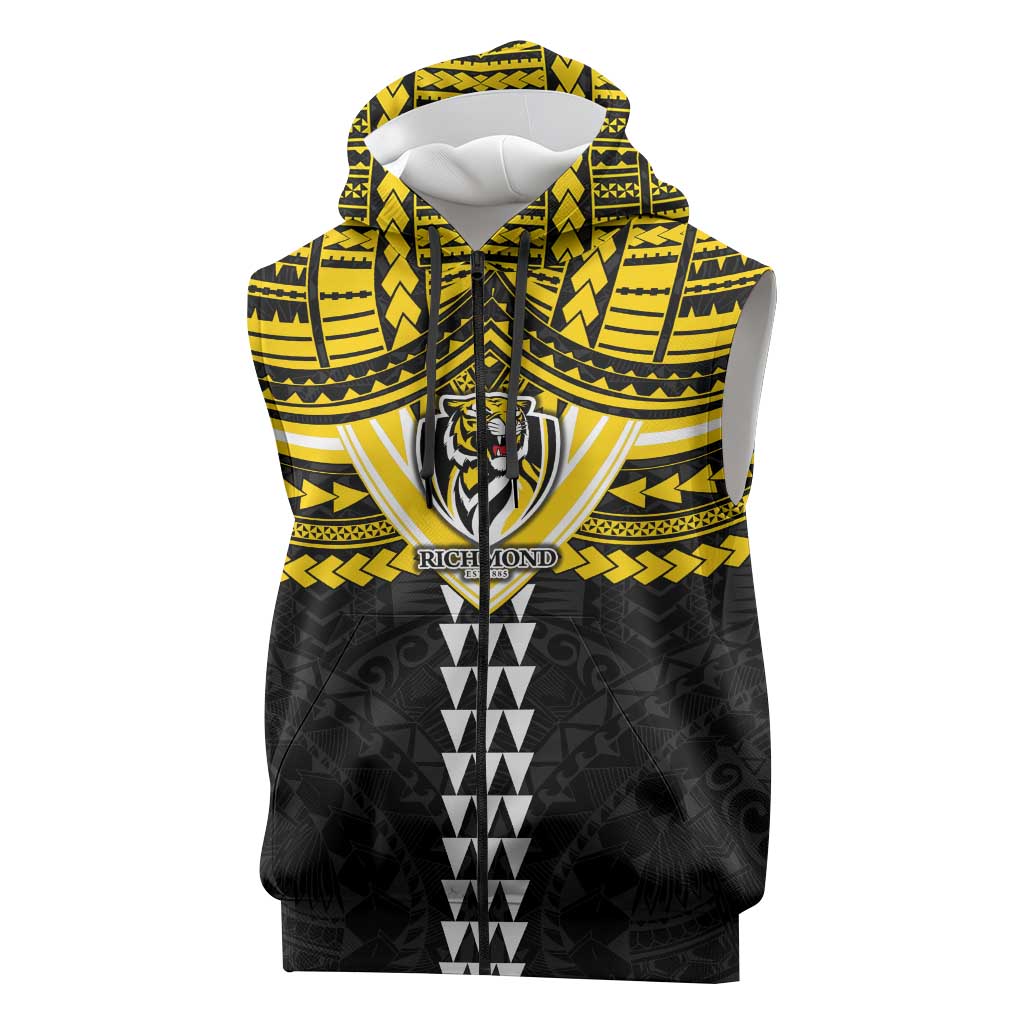 Personalized Richmond Tigers Sleeveless Zip Hoodie Polynesian Tribal Pattern Heritage Football