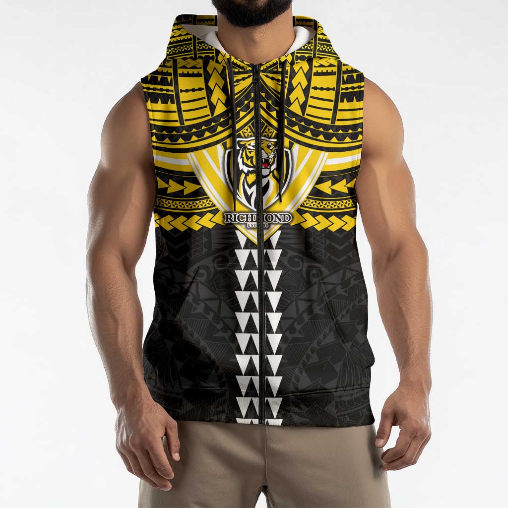 Personalized Richmond Tigers Sleeveless Zip Hoodie Polynesian Tribal Pattern Heritage Football