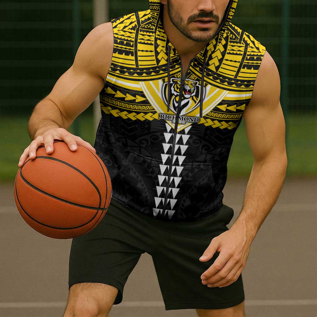 Personalized Richmond Tigers Sleeveless Zip Hoodie Polynesian Tribal Pattern Heritage Football