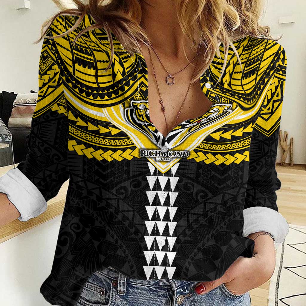 Personalized Richmond Tigers Women Casual Shirt Polynesian Tribal Pattern Heritage Football