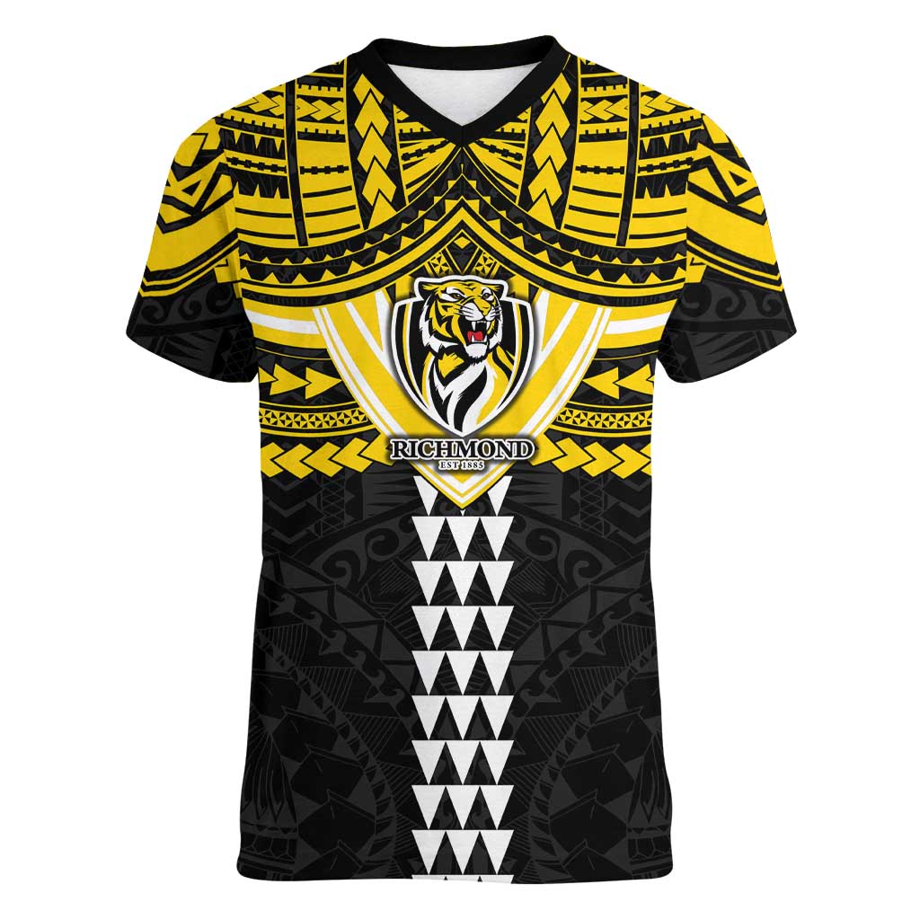 Personalized Richmond Tigers Women V-Neck T-Shirt Polynesian Tribal Pattern Heritage Football