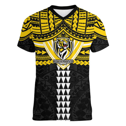 Personalized Richmond Tigers Women V-Neck T-Shirt Polynesian Tribal Pattern Heritage Football
