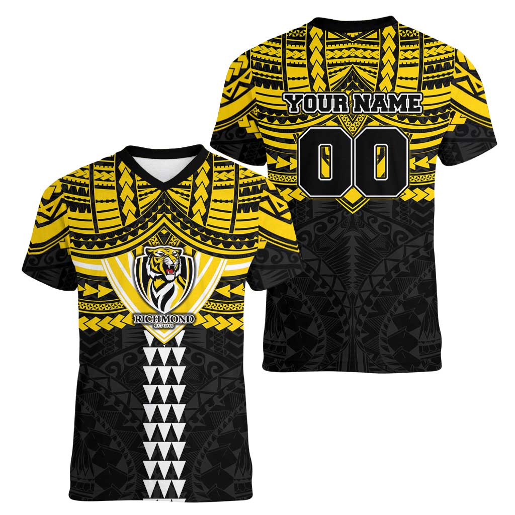 Personalized Richmond Tigers Women V-Neck T-Shirt Polynesian Tribal Pattern Heritage Football
