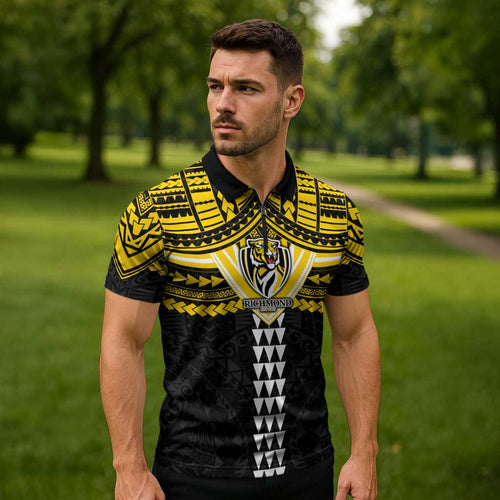 Personalized Richmond Tigers Zipper Polo Shirt Polynesian Tribal Pattern Heritage Football