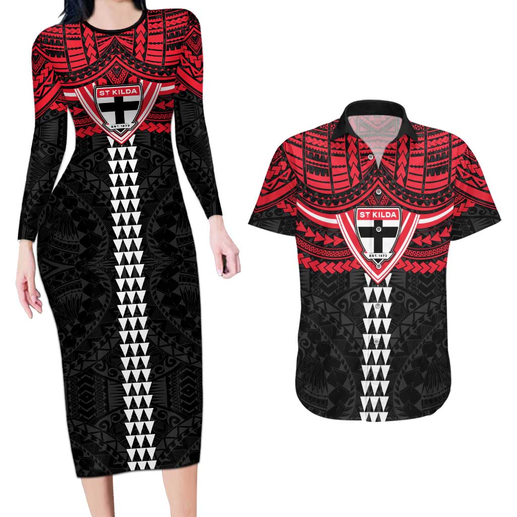 Personalized St Kilda Saints Couples Matching Long Sleeve Bodycon Dress and Hawaiian Shirt Polynesian Tribal Pattern Heritage Football