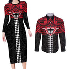 Personalized St Kilda Saints Couples Matching Long Sleeve Bodycon Dress and Long Sleeve Button Shirt Polynesian Tribal Pattern Heritage Football