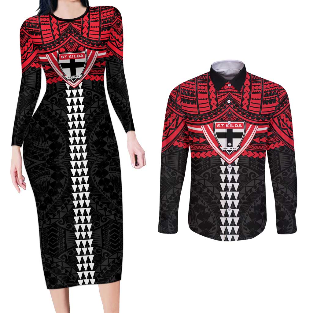 Personalized St Kilda Saints Couples Matching Long Sleeve Bodycon Dress and Long Sleeve Button Shirt Polynesian Tribal Pattern Heritage Football