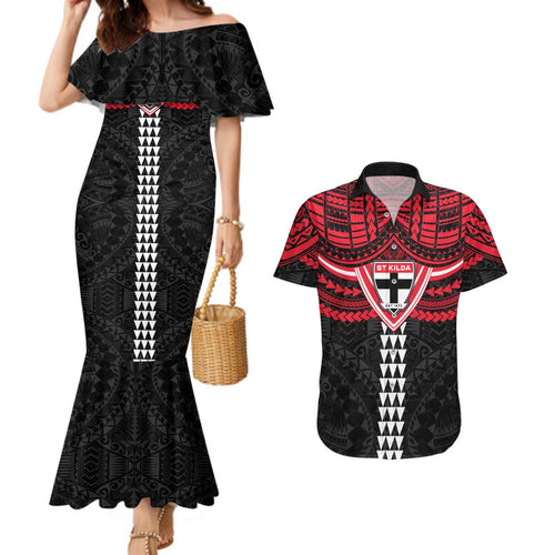Personalized St Kilda Saints Couples Matching Mermaid Dress and Hawaiian Shirt Polynesian Tribal Pattern Heritage Football
