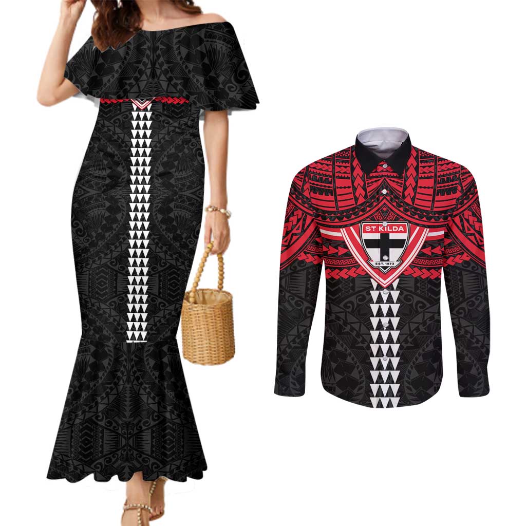 Personalized St Kilda Saints Couples Matching Mermaid Dress and Long Sleeve Button Shirt Polynesian Tribal Pattern Heritage Football