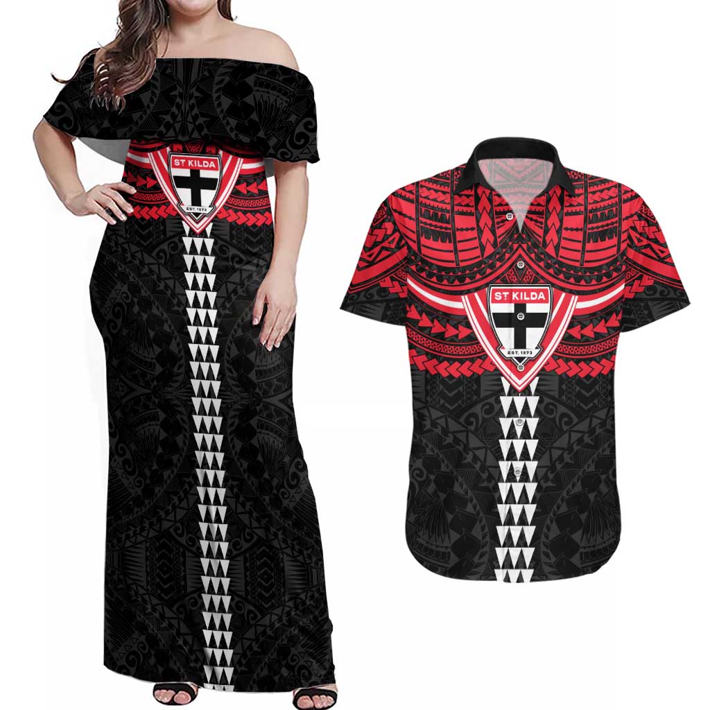Personalized St Kilda Saints Couples Matching Off Shoulder Maxi Dress and Hawaiian Shirt Polynesian Tribal Pattern Heritage Football