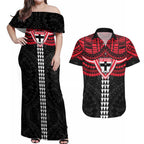Personalized St Kilda Saints Couples Matching Off Shoulder Maxi Dress and Hawaiian Shirt Polynesian Tribal Pattern Heritage Football