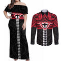 Personalized St Kilda Saints Couples Matching Off Shoulder Maxi Dress and Long Sleeve Button Shirt Polynesian Tribal Pattern Heritage Football