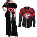 Personalized St Kilda Saints Couples Matching Off Shoulder Maxi Dress and Long Sleeve Button Shirt Polynesian Tribal Pattern Heritage Football
