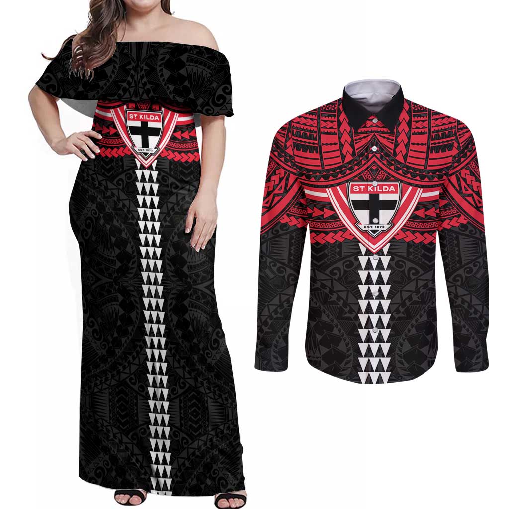 Personalized St Kilda Saints Couples Matching Off Shoulder Maxi Dress and Long Sleeve Button Shirt Polynesian Tribal Pattern Heritage Football