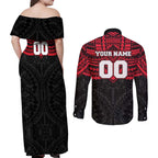 Personalized St Kilda Saints Couples Matching Off Shoulder Maxi Dress and Long Sleeve Button Shirt Polynesian Tribal Pattern Heritage Football