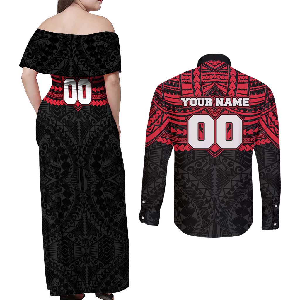 Personalized St Kilda Saints Couples Matching Off Shoulder Maxi Dress and Long Sleeve Button Shirt Polynesian Tribal Pattern Heritage Football