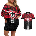 Personalized St Kilda Saints Couples Matching Off Shoulder Short Dress and Hawaiian Shirt Polynesian Tribal Pattern Heritage Football