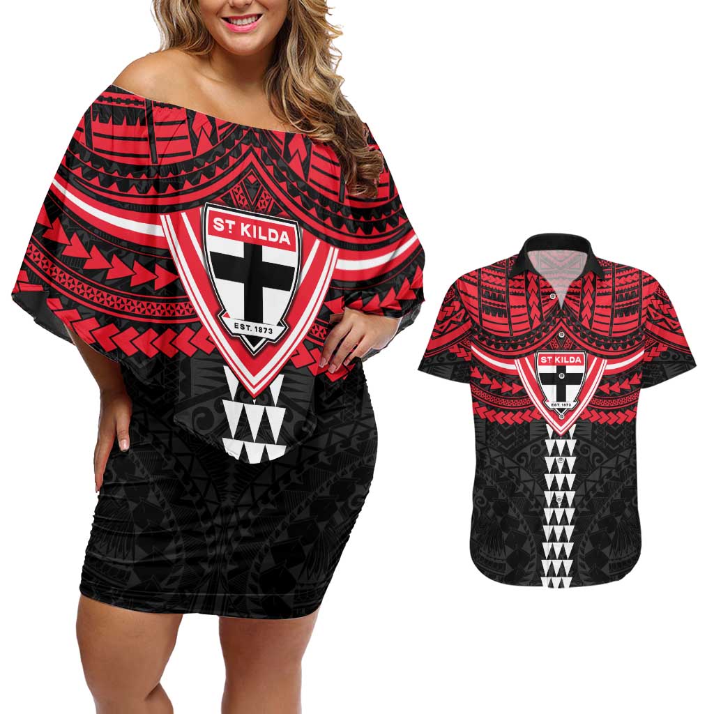 Personalized St Kilda Saints Couples Matching Off Shoulder Short Dress and Hawaiian Shirt Polynesian Tribal Pattern Heritage Football