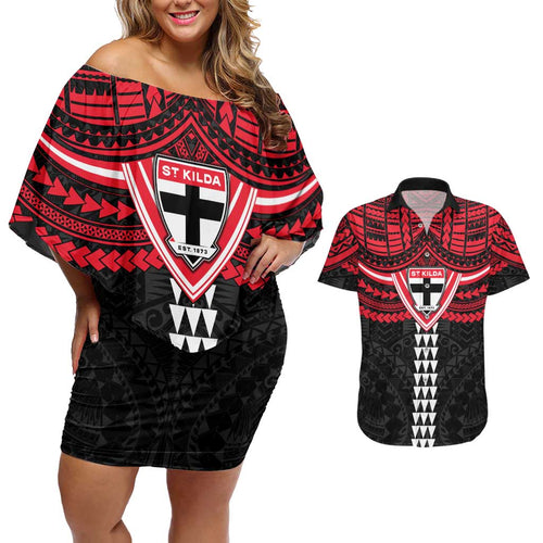 Personalized St Kilda Saints Couples Matching Off Shoulder Short Dress and Hawaiian Shirt Polynesian Tribal Pattern Heritage Football