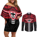 Personalized St Kilda Saints Couples Matching Off Shoulder Short Dress and Long Sleeve Button Shirt Polynesian Tribal Pattern Heritage Football