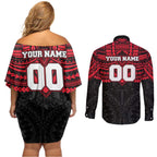 Personalized St Kilda Saints Couples Matching Off Shoulder Short Dress and Long Sleeve Button Shirt Polynesian Tribal Pattern Heritage Football