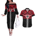 Personalized St Kilda Saints Couples Matching Off The Shoulder Long Sleeve Dress and Hawaiian Shirt Polynesian Tribal Pattern Heritage Football