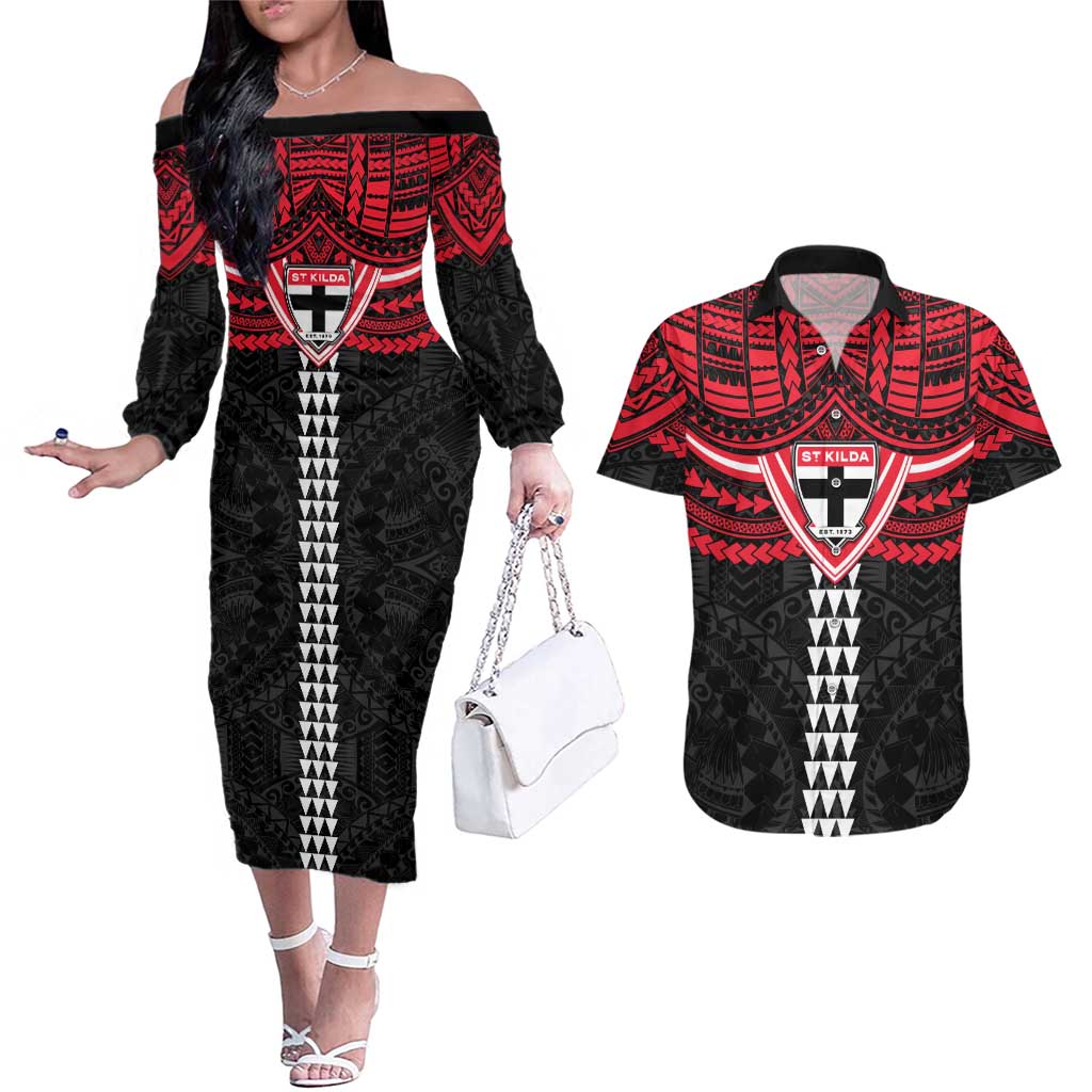 Personalized St Kilda Saints Couples Matching Off The Shoulder Long Sleeve Dress and Hawaiian Shirt Polynesian Tribal Pattern Heritage Football