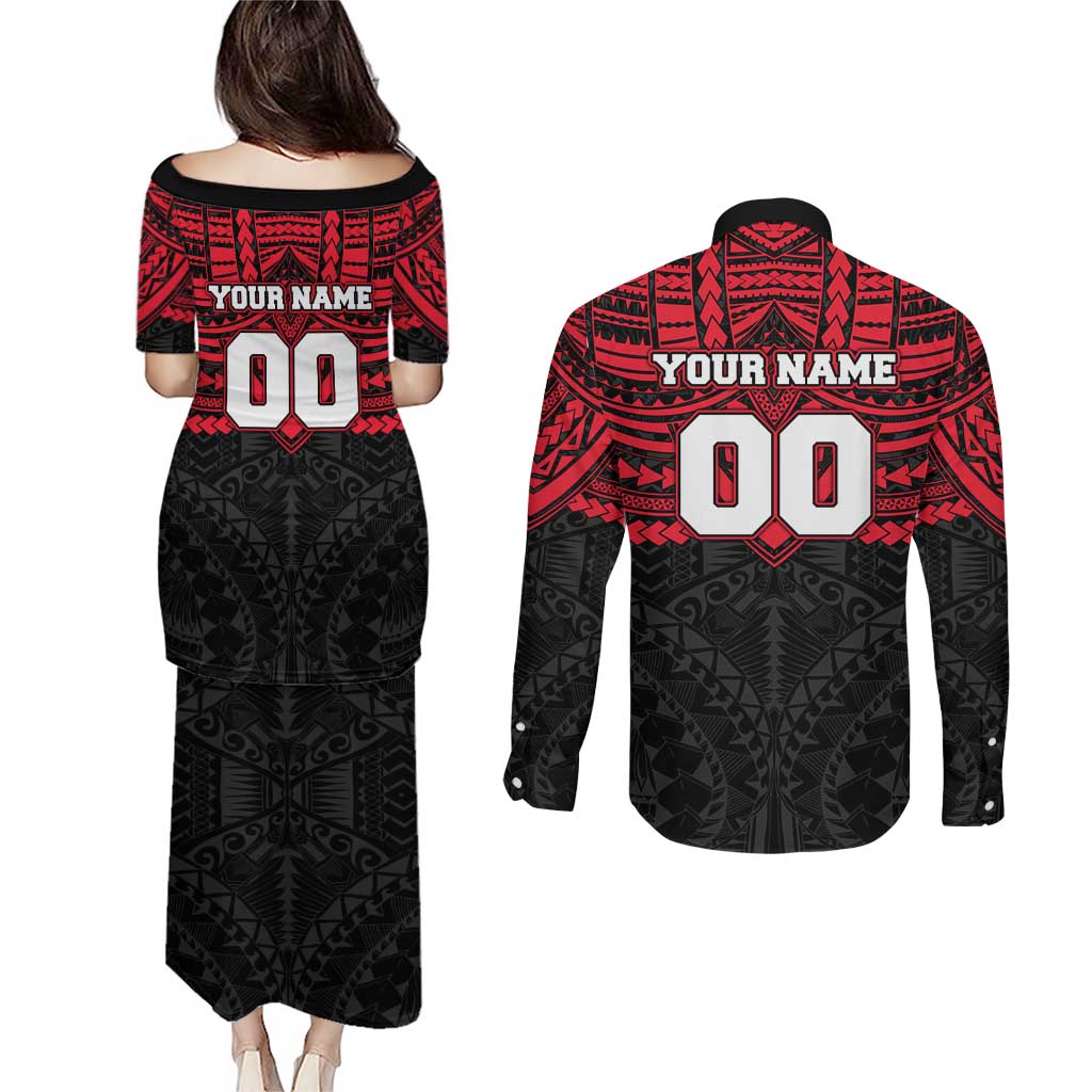 Personalized St Kilda Saints Couples Matching Puletasi and Long Sleeve Button Shirt Polynesian Tribal Pattern Heritage Football