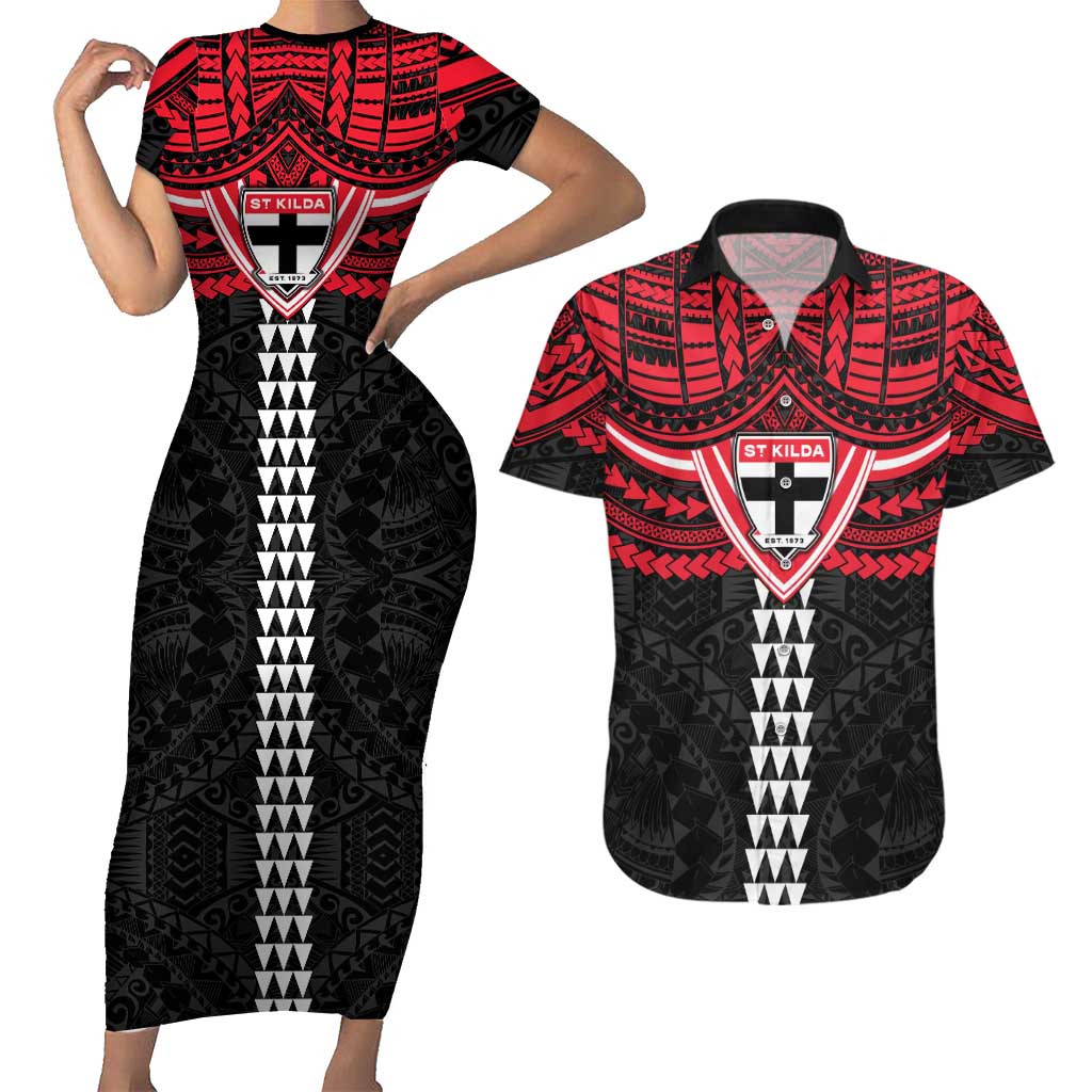 Personalized St Kilda Saints Couples Matching Short Sleeve Bodycon Dress and Hawaiian Shirt Polynesian Tribal Pattern Heritage Football